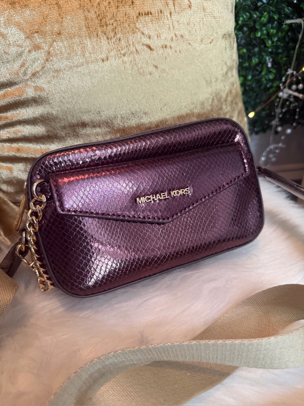Michael Kors Plum Metallic Snake-Embossed Crossbody NWOT